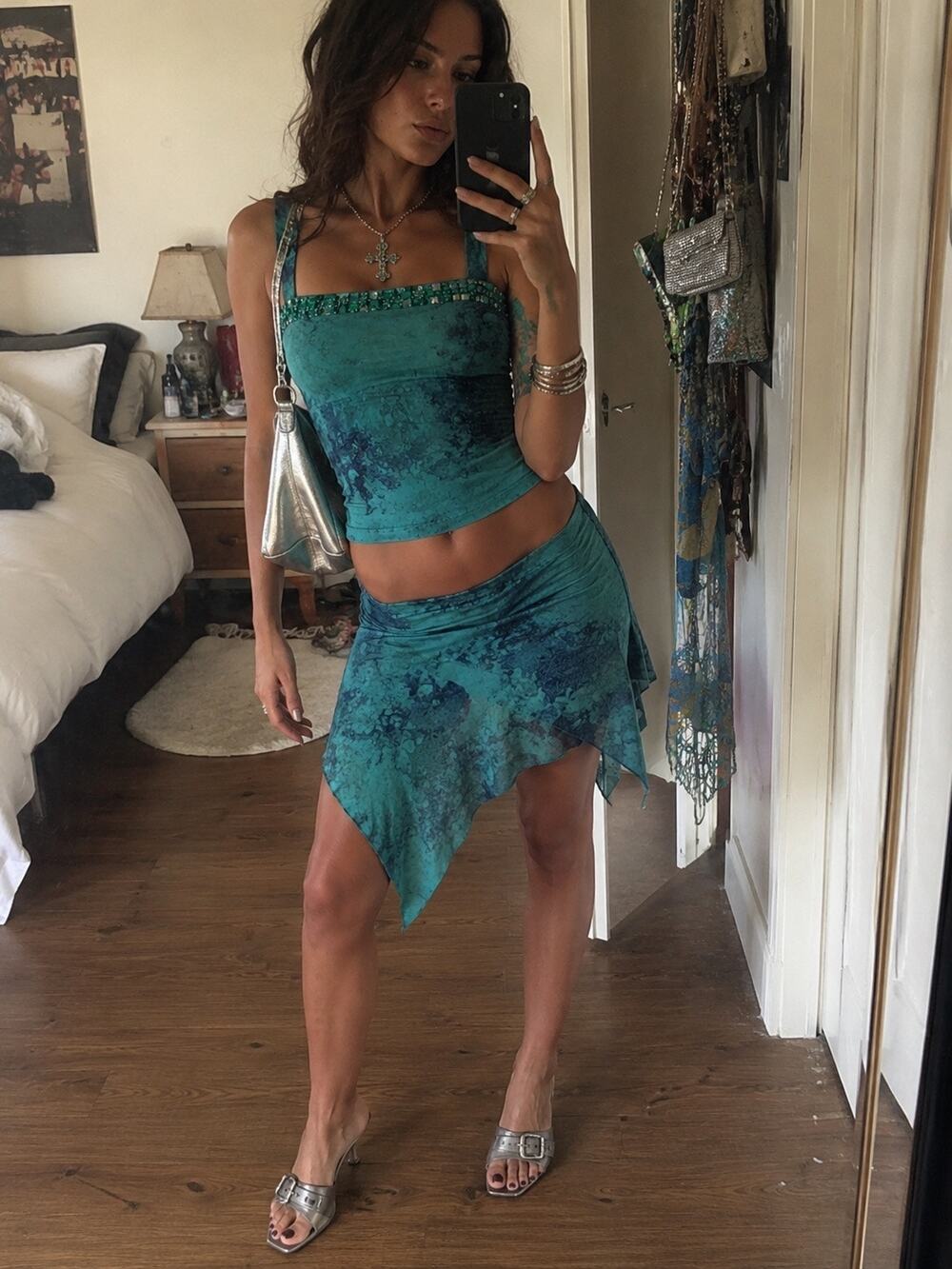 Vintage Blumarine Y2K Bling Going Out Top Teal Turquoise Crop Tank Small